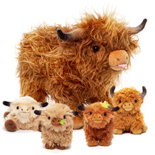 Laden Sie das Bild in den Galerie-Viewer, Scottish Highland Cow Cattle Stuffed Animal with 4 Babies Inside