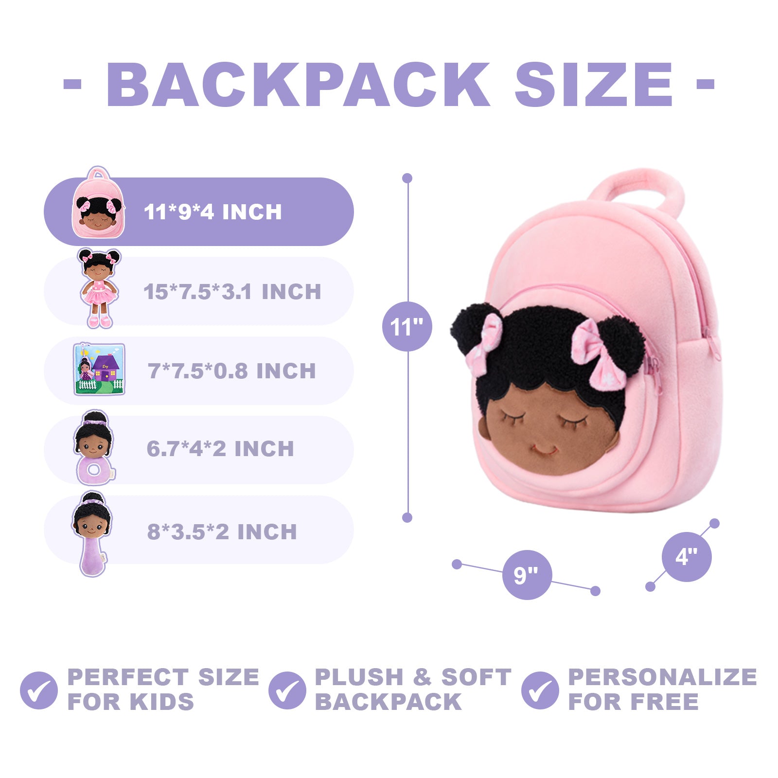 Black kids soft backpack, customized deep skin tone plush pink backpack,  gifts for babies age 1 2 3