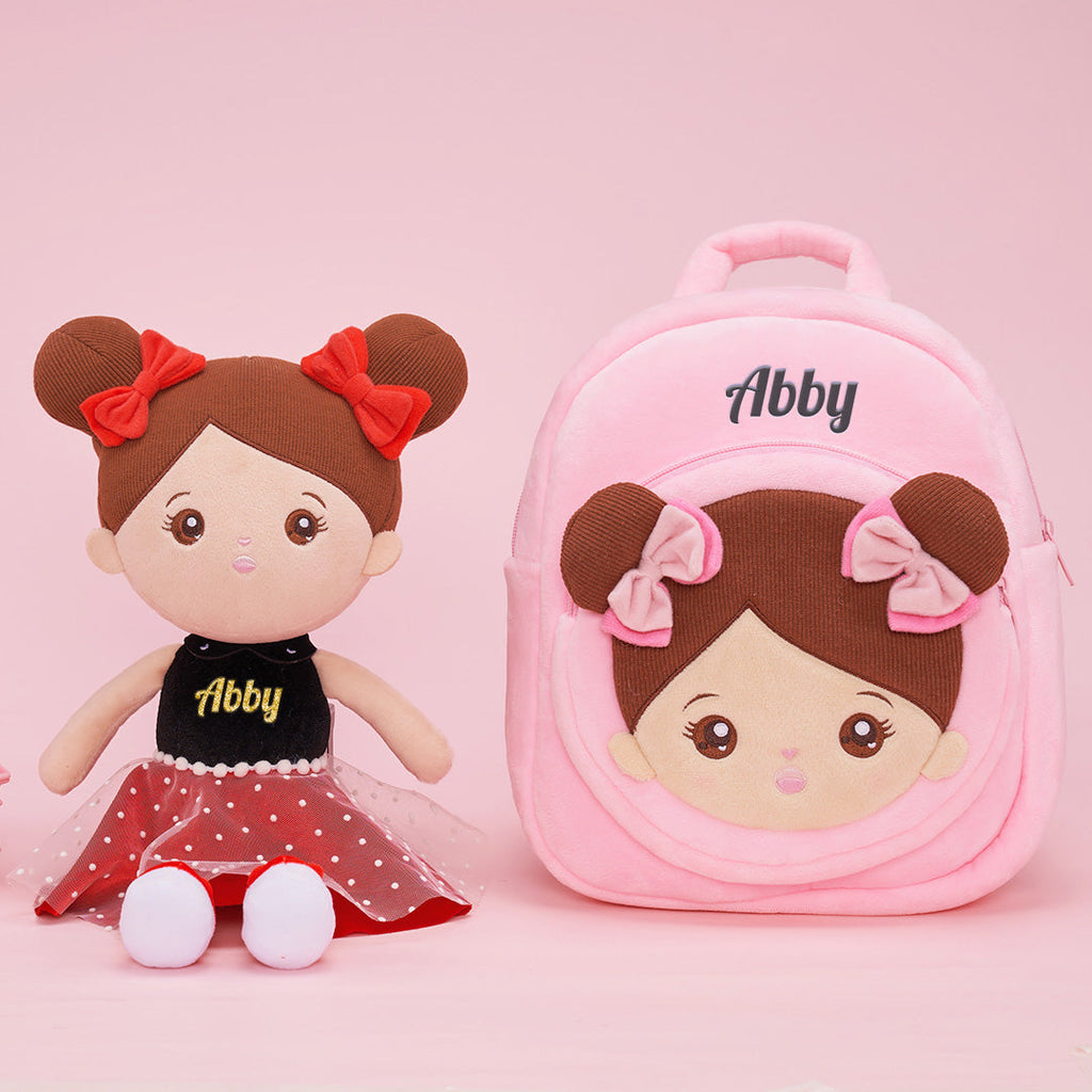 Personalized Plush Pink Backpack with Brown Skin Tone Doll Face