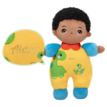 Load image into Gallery viewer, Personalized Dark Skin Tone Plush Baby Boy Doll with Dinosaur Romper