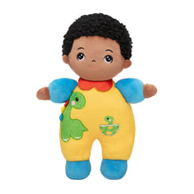 Charger l&#39;image dans la galerie, Personalized Dark Skin Tone Plush Baby Boy Doll with Dinosaur Romper