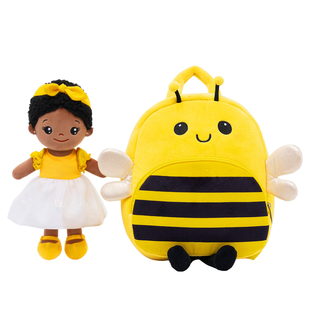 Personalized Deep Skin Tone Plush Nevaeh Yellow Doll + Backpack