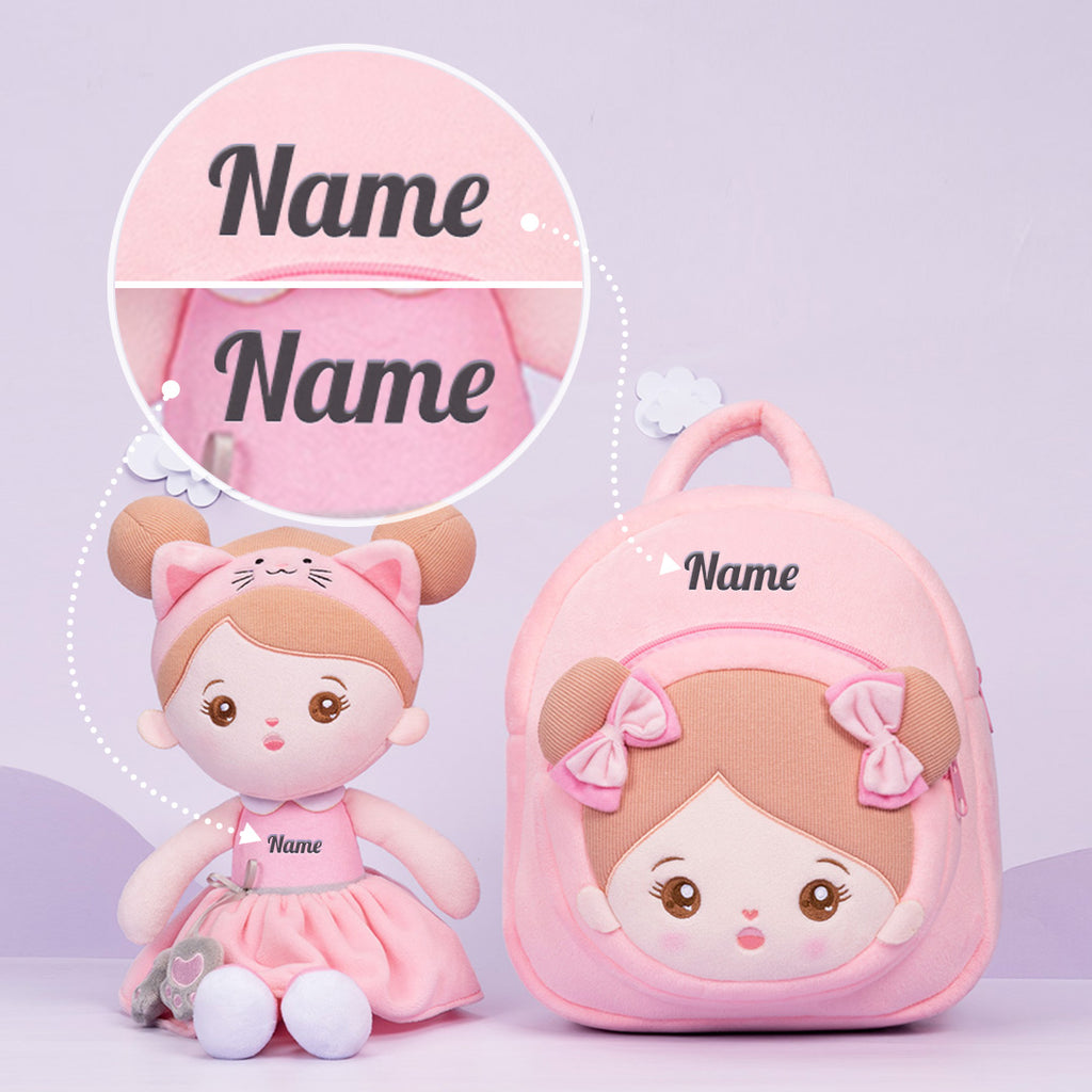 Personalized Pink Cat Plush Baby Girl Doll