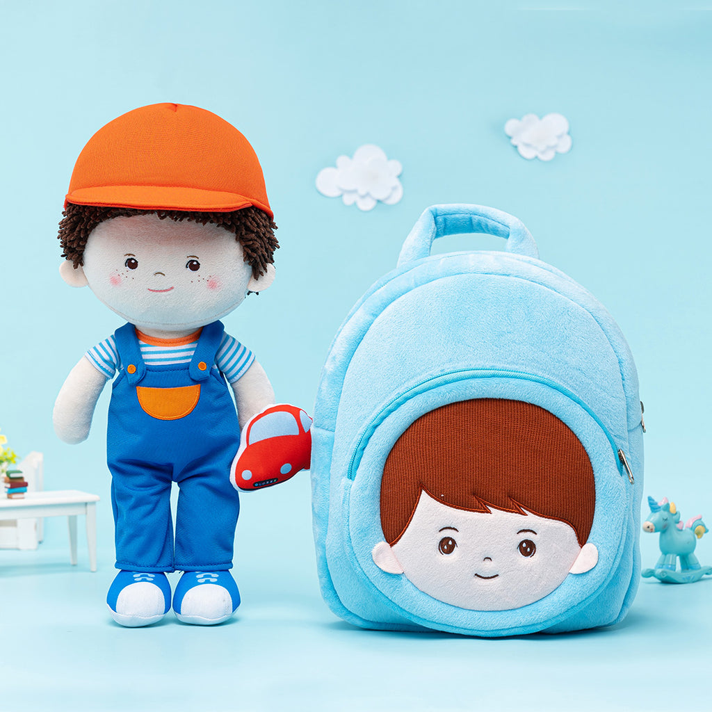 Personalized Curly Hair & Freckle Face Boy Doll + Backpack