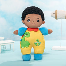 Cargar imagen en el visor de la galería, Personalized Dark Skin Tone Plush Baby Boy Doll with Dinosaur Romper