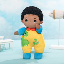 Cargar imagen en el visor de la galería, Personalized Dark Skin Tone Plush Baby Boy Doll with Dinosaur Romper