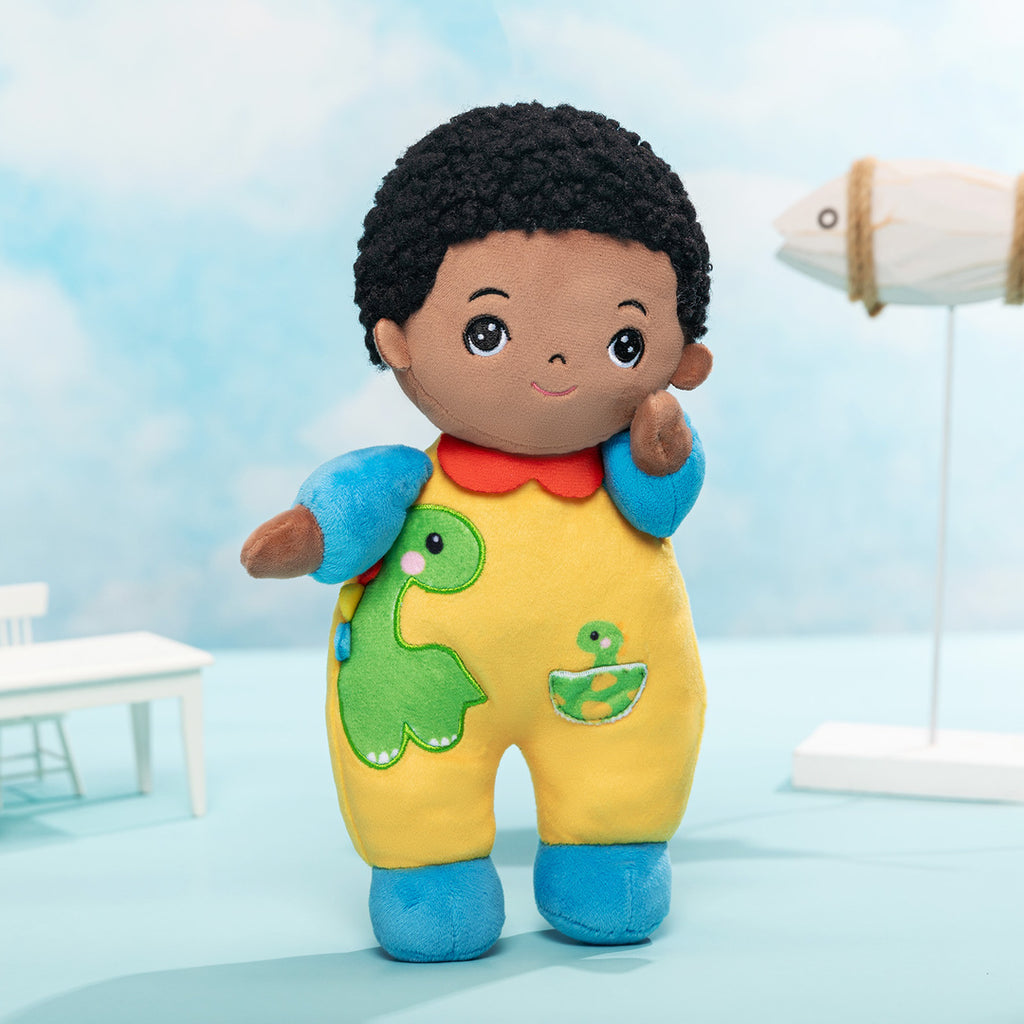 Personalized Dark Skin Tone Plush Baby Boy Doll with Dinosaur Romper