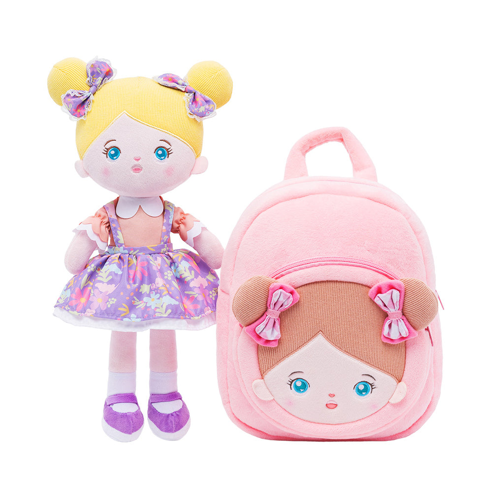 Personalized Purple Floral Dress Girl Doll + Backpack
