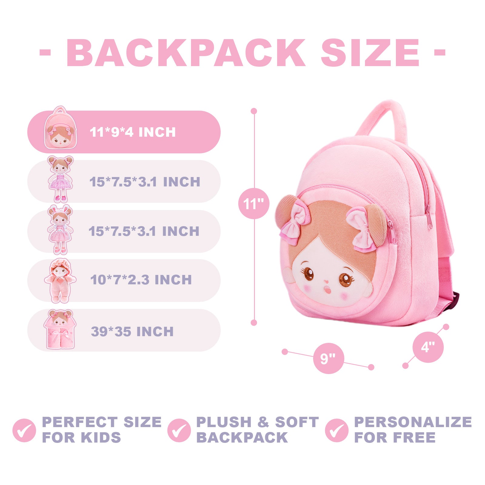 Mochila rosa suave para niños, personalizada para bebés de 1, 2 y 3 años,  lindo bolso con cara con juego de regalo de Navidad