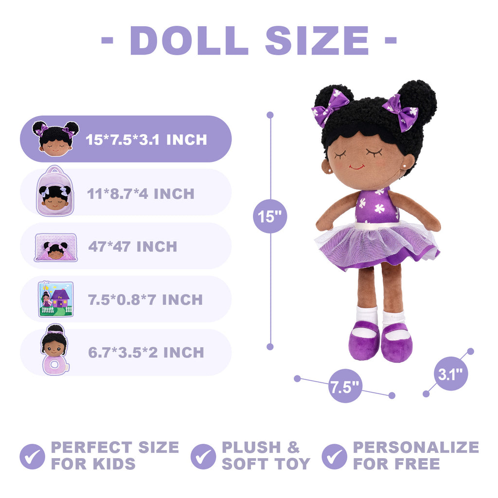 Bambola viola personalizzata con tono della pelle profonda e zaino