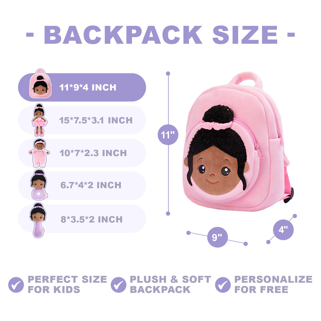 Personalized Deep Skin Tone Plush Princess Pink Doll + Backpack