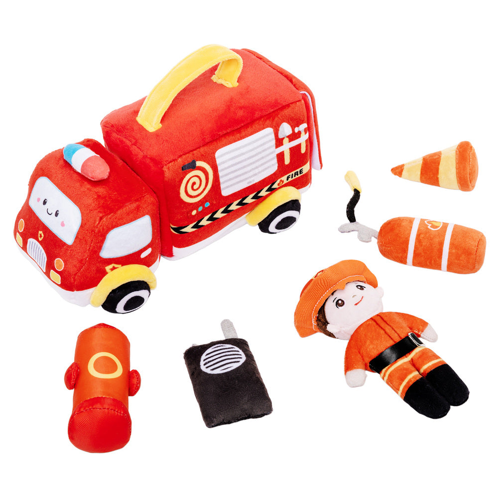 Personalized Baby's First Fire Truck Plush Sensory Toy Set with 5 Firefighting Supplies