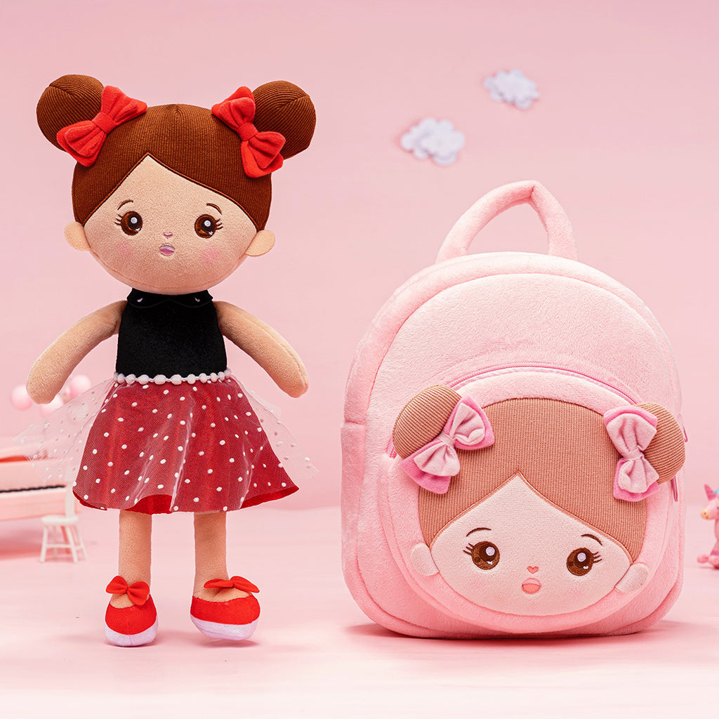 Personalized Red Dress Deep Skin Girl Doll + Backpack