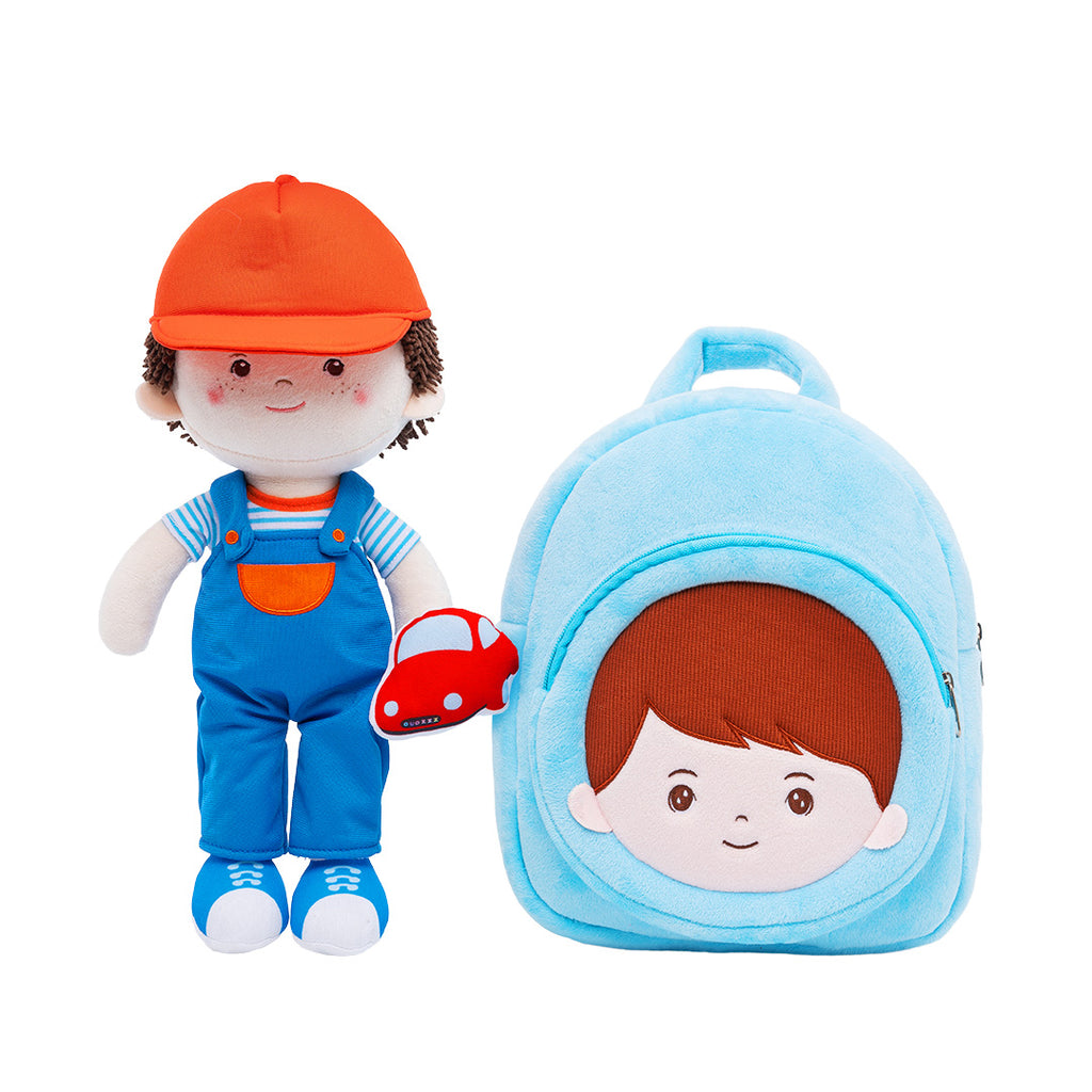 Personalized Curly Hair & Freckle Face Boy Doll + Backpack