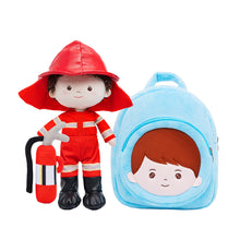 Load image into Gallery viewer, Personalized Firemen Plush Baby Boy Doll + Backpack