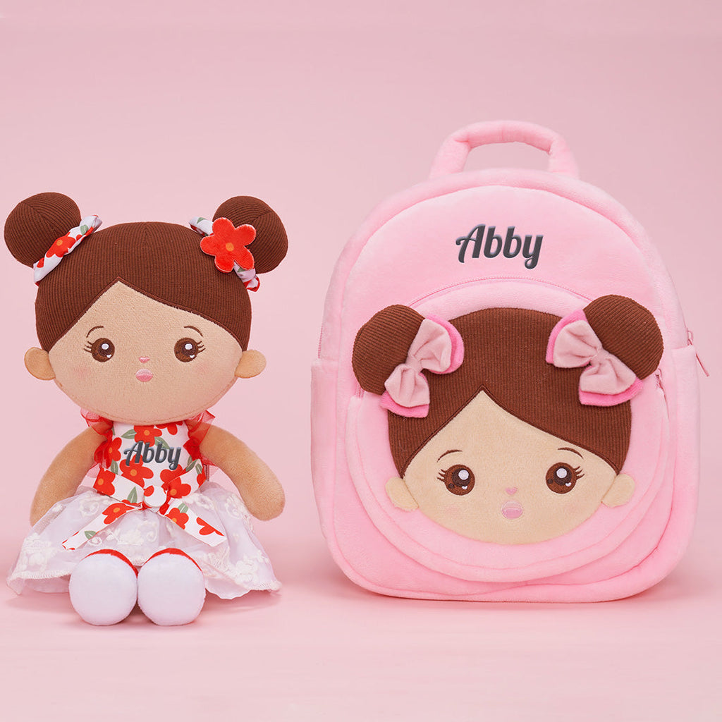 Personalized Plush Pink Backpack with Brown Skin Tone Doll Face