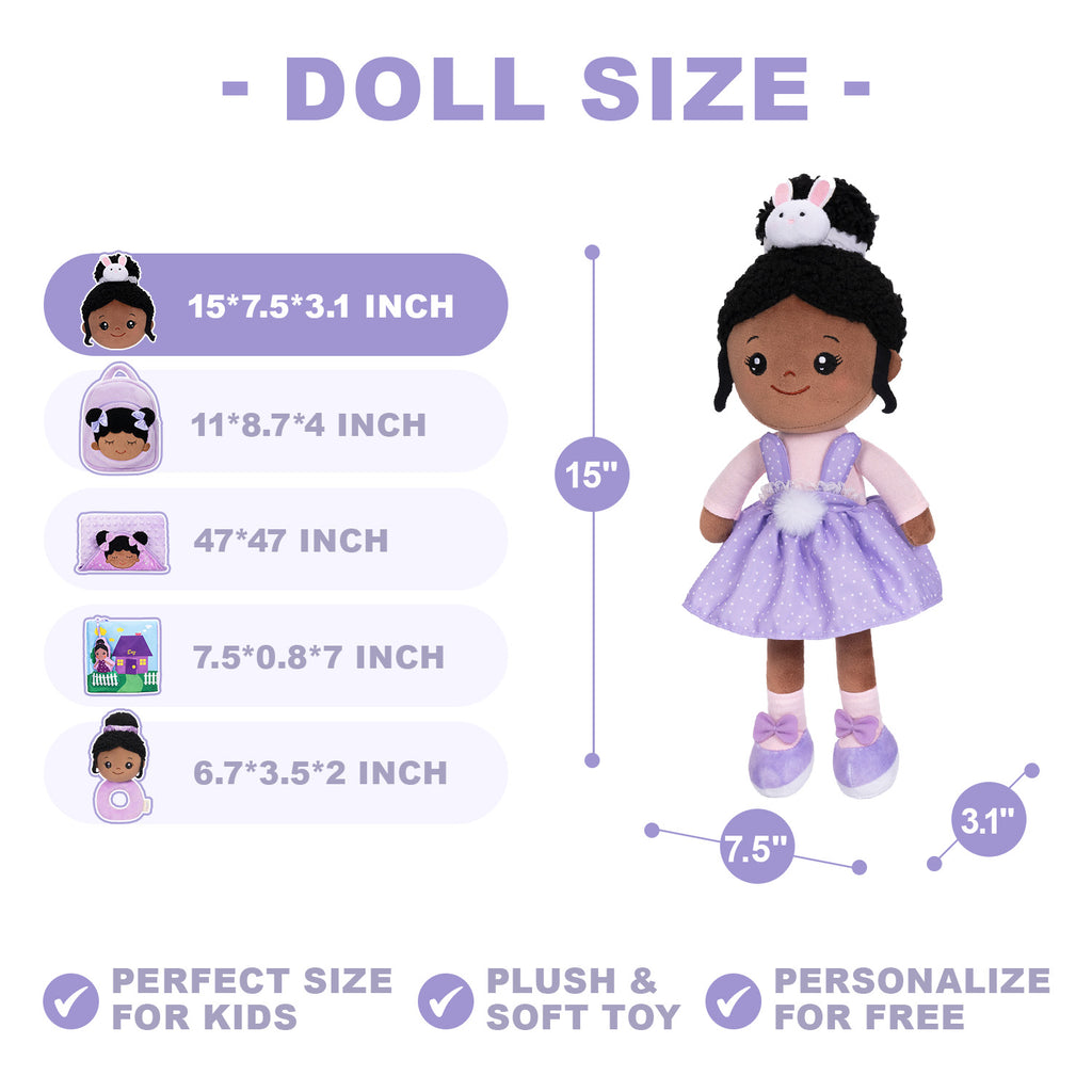 Bambola coniglietto viola personalizzata con tono della pelle profonda