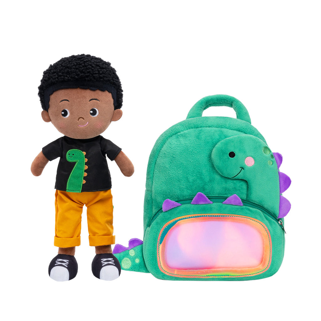 Personalized Deep Skin Tone Plush Cool Boy Doll + Backpack