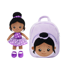 Load image into Gallery viewer, Personalized Deep Skin Tone Plush Nevaeh Purple Doll + Backpack