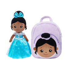 Load image into Gallery viewer, Personalized Deep Skin Tone Plush Blue Princess Doll + Backpack