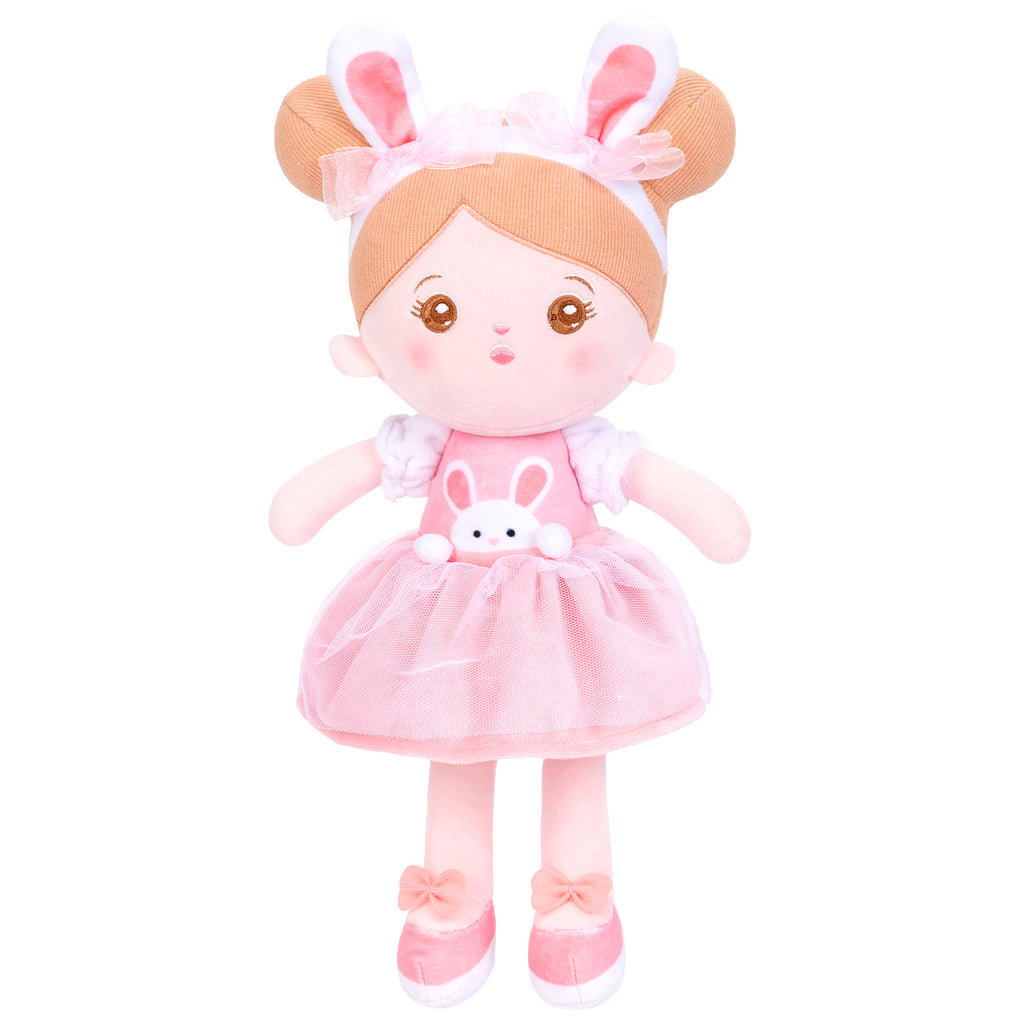 Personalized Pink Rabbit Girl Doll + Cloth Basket Gift Set