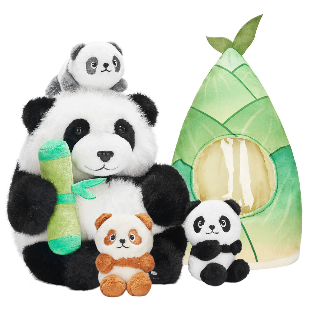 Plush Stuffed Panda Mommy with 3 Babies in Bamboo Bag Set