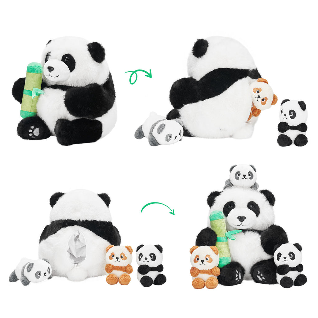 Panda Mommy Plush Stuffed Animal with 3 Babies in Bamboo Bag Set