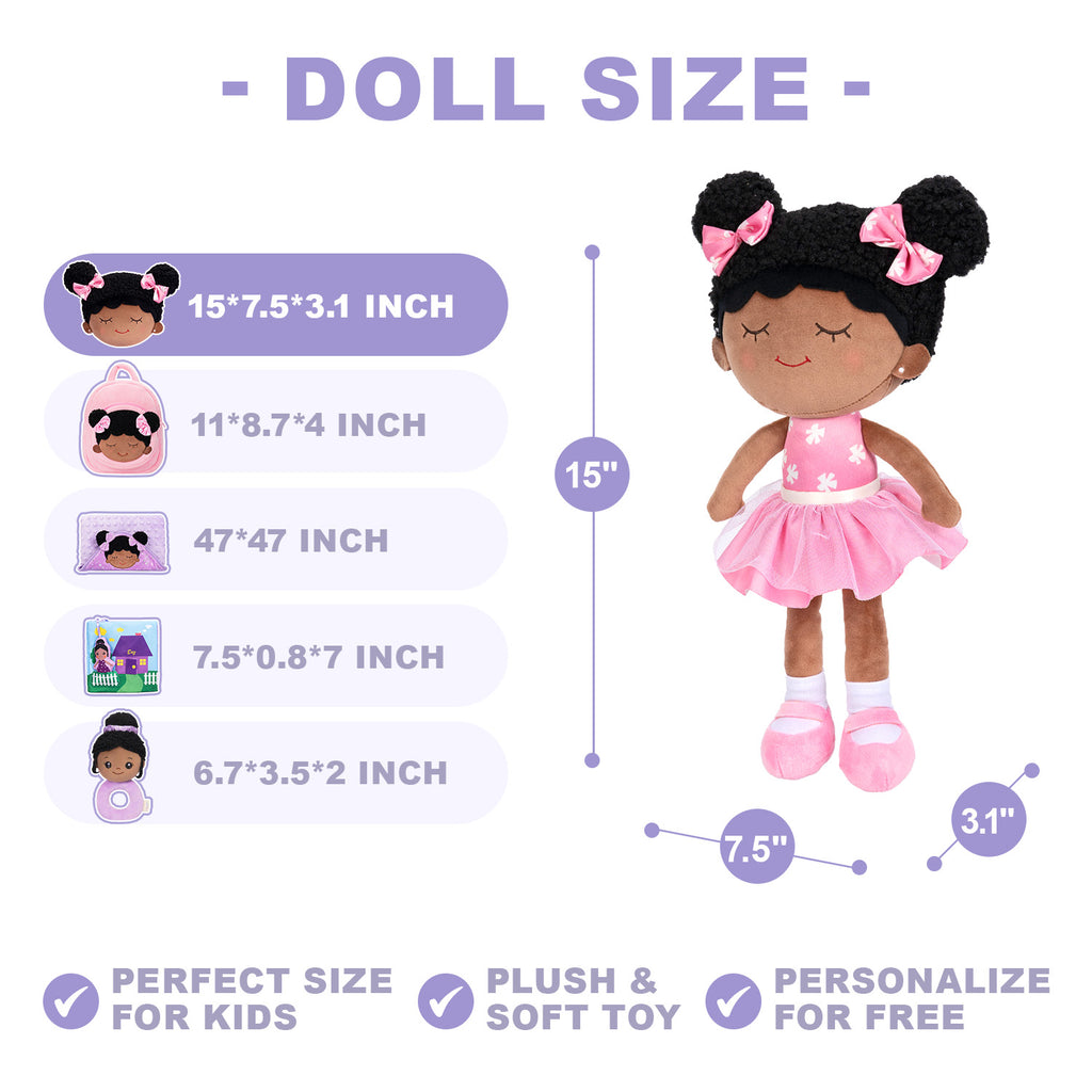 Muñeca de Dora rosa de peluche personalizada en tono de piel profunda