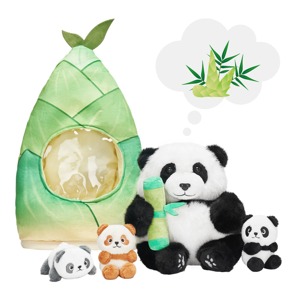 Plush Stuffed Panda Mommy with 3 Babies in Bamboo Bag Set