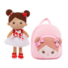 Indlæs billede til gallerivisning Personalized Brown Skin Tone White Floral Dress Doll + Backpack