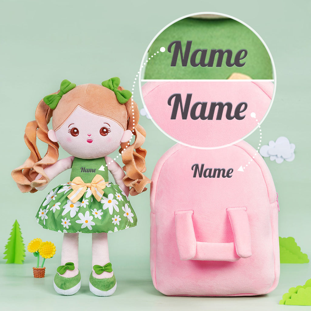Personalized Green Floral Dress With Braid Plush Baby Girl Doll