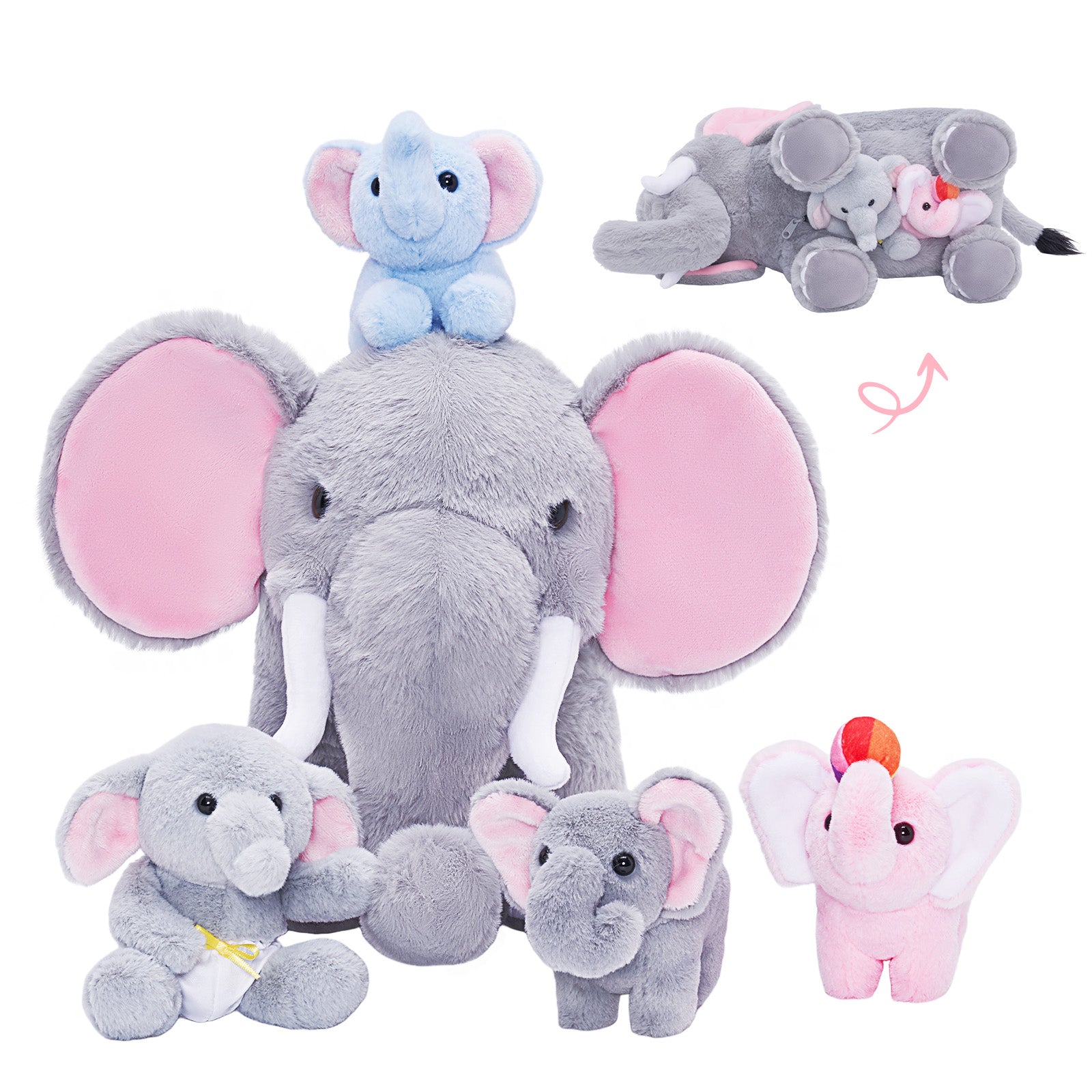 Elephantさま専用 Gray Elephant Stuffed Animal with 4 Baby Elephants, Pink