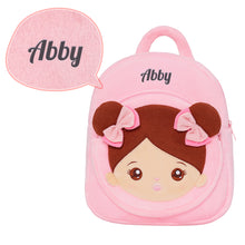 Load image into Gallery viewer, Personalized Plush Pink Backpack with Brown Skin Tone Doll Face