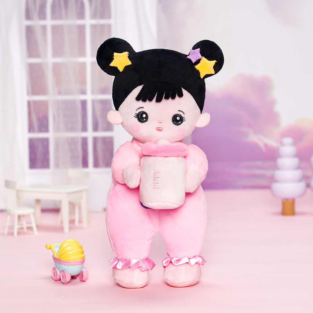 Mini muñeca de niña de peluche de pelo negro personalizada