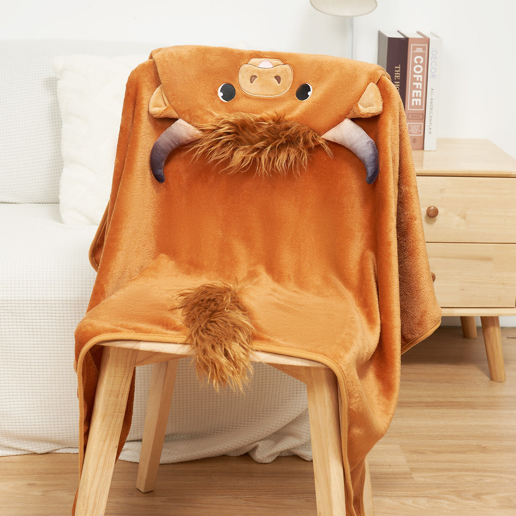 Scottish Highland Cow Cattle Wearable Hooded Blanket for Kid