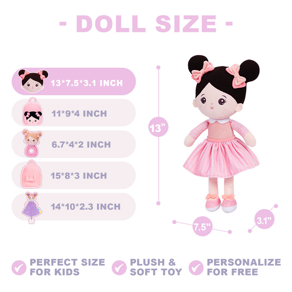 Personalized Pink Outfit & Black Hair Girl Doll + Backpack