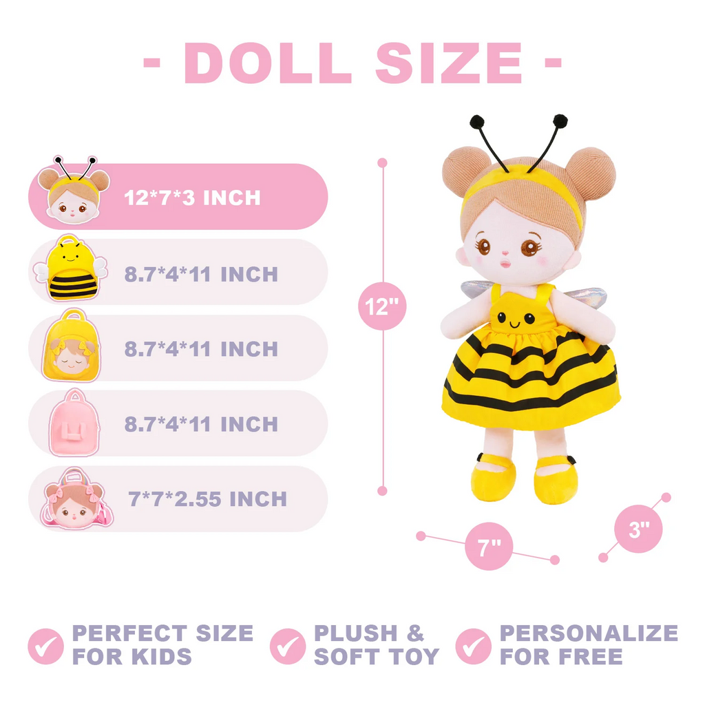 Personalized Yellow Bee Plush Baby Girl Doll + Bee Backpack