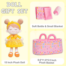 Load image into Gallery viewer, Personalized Thanksgiving Day Yellow Dress Girl Doll + Cloth Basket Gift Set