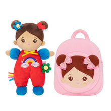 Indlæs billede til gallerivisning Personalized Plush Pink Backpack with Brown Skin Tone Doll Face