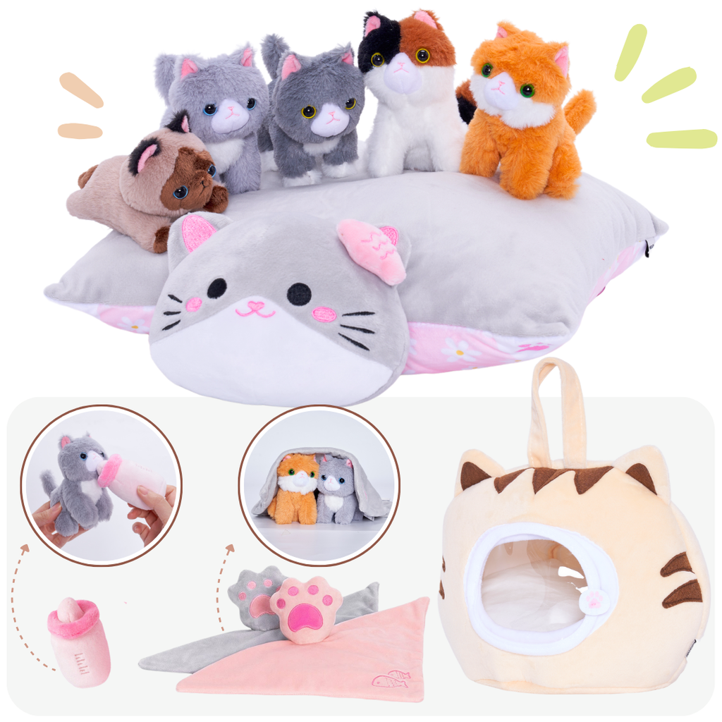 Personalized Cute Plush Cat House Toy Set with 5 Kittens