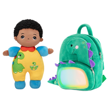 Indlæs billede til gallerivisning Personalized Dark Skin Tone Plush Baby Boy Doll with Dinosaur Romper