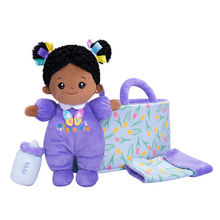 Afbeelding in Gallery-weergave laden, Personalized Purple Deep Skin Tone Mini Plush Baby Doll &amp; Gift Set