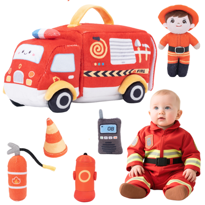 Plush Stuffed Fire Engine Truck Toy Set for Baby 0-2 Years Old