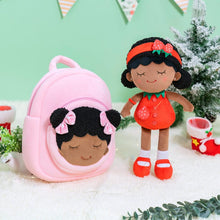 Afbeelding in Gallery-weergave laden, iFrodoll iFrodoll Personalized Deep Skin Tone Plush Strawberry Doll Red With Backpack