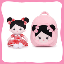 Afbeelding in Gallery-weergave laden, OUOZZZ Personalized Black Hair Boy &amp; Girl Doll Red Dress Girl Doll + Backpack