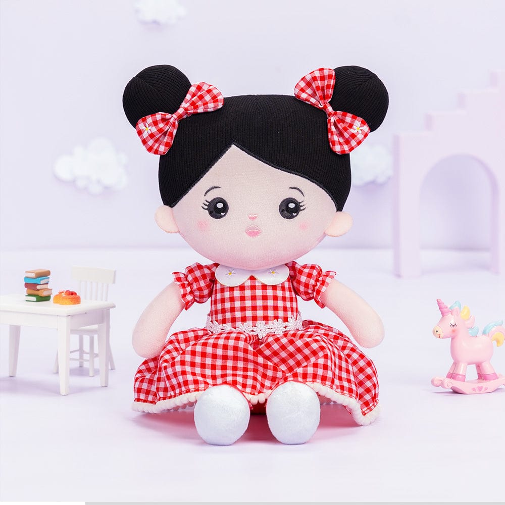Personalizedoll Personalized Black Hair Red Plaid Dress Plush Baby Girl Doll