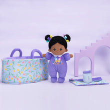 Indlæs billede til gallerivisning Personalized Purple Deep Skin Tone Mini Plush Baby Doll &amp; Gift Set