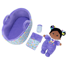 Laden Sie das Bild in den Galerie-Viewer, Personalized Purple Deep Skin Tone Mini Plush Baby Doll &amp; Gift Set