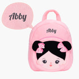 Zaino per bambina in peluche rosa personalizzato con capelli neri