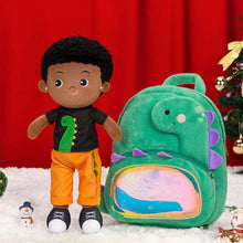 Load image into Gallery viewer, OUOZZZ Personalized Baby Doll + Backpack Combo Gift Set Deep Skin Dinosaur Boy Doll / Doll + Backpack